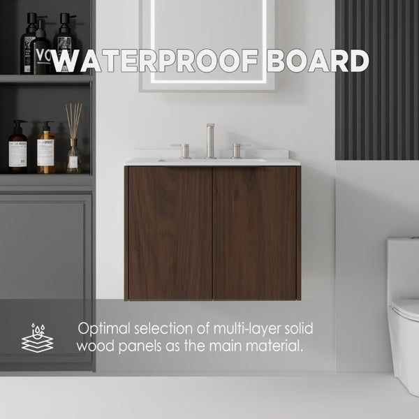 English Elm 24 Inch Floating Bathroom Vanity with Undermount Sink and Cultured Marble Top Brown Carrara White B2775S00082