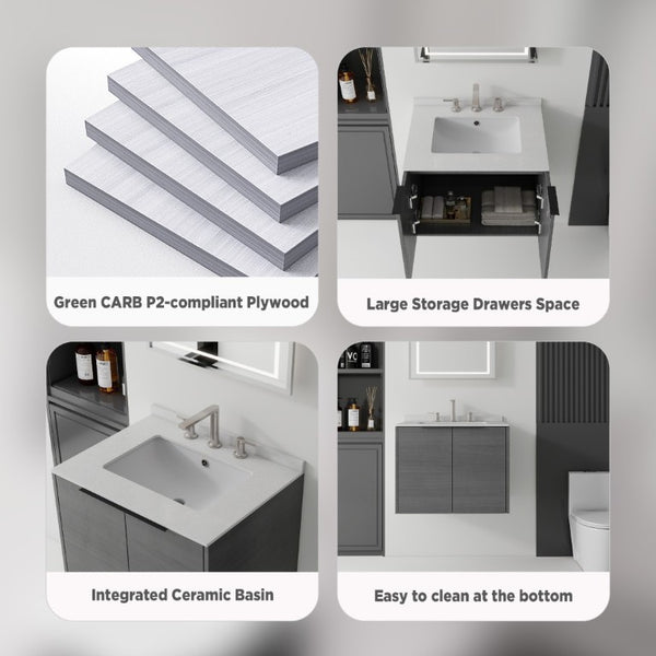 English Elm 24 Inch Floating Bathroom Vanity with Undermount Sink and Cultured Marble Top Grey Granite White B2775S00083