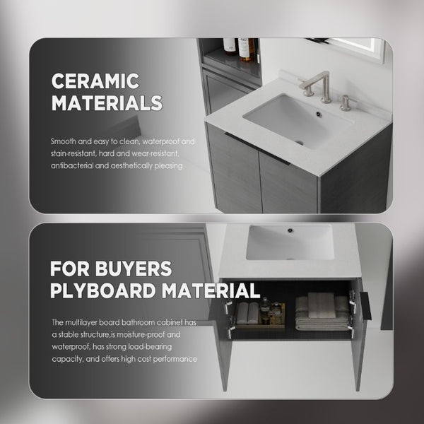 English Elm 24 Inch Floating Bathroom Vanity with Undermount Sink and Cultured Marble Top Grey Granite White B2775S00083