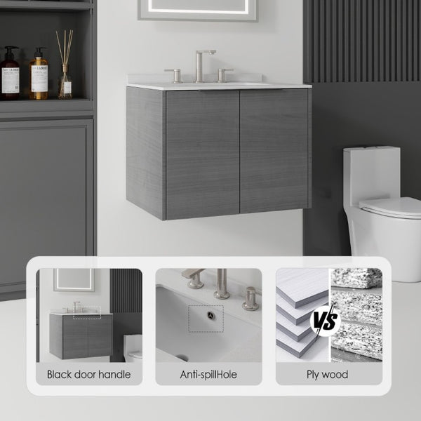 English Elm 24 Inch Floating Bathroom Vanity with Undermount Sink and Cultured Marble Top Grey Granite White B2775S00083