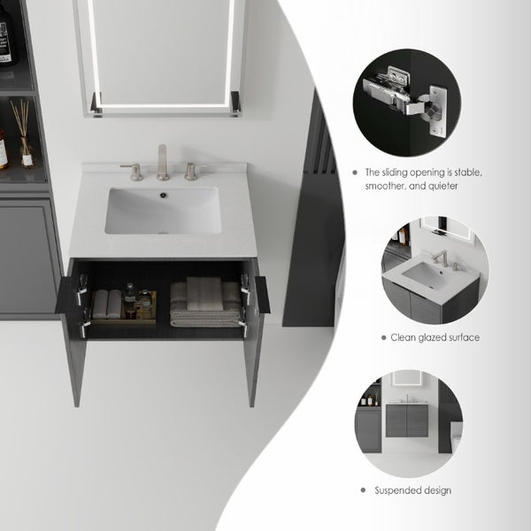 English Elm 24 Inch Floating Bathroom Vanity with Undermount Sink and Cultured Marble Top Grey Granite White B2775S00083
