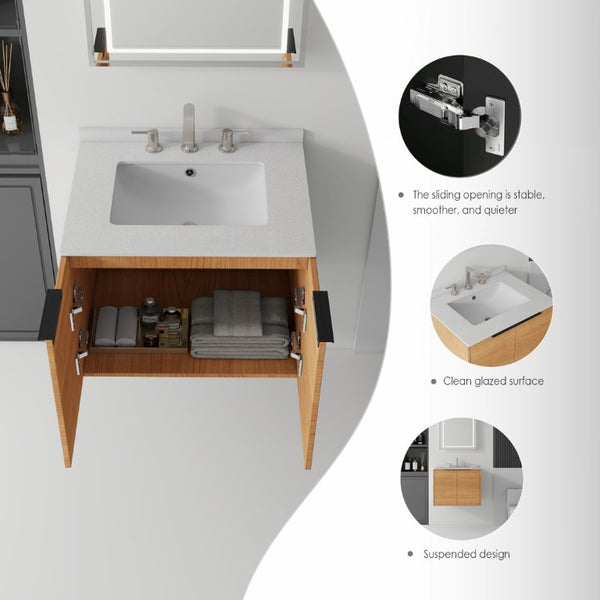 English Elm 24 Inch Floating Bathroom Vanity with Undermount Sink and Cultured Marble Top Oak Granite White B2775S00084