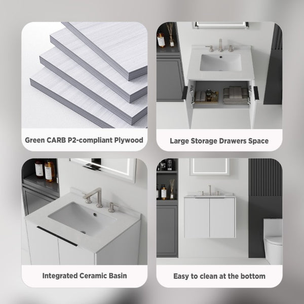 English Elm 24 Inch Floating Bathroom Vanity with Undermount Sink and Cultured Marble Top White Granite White B2775S00085
