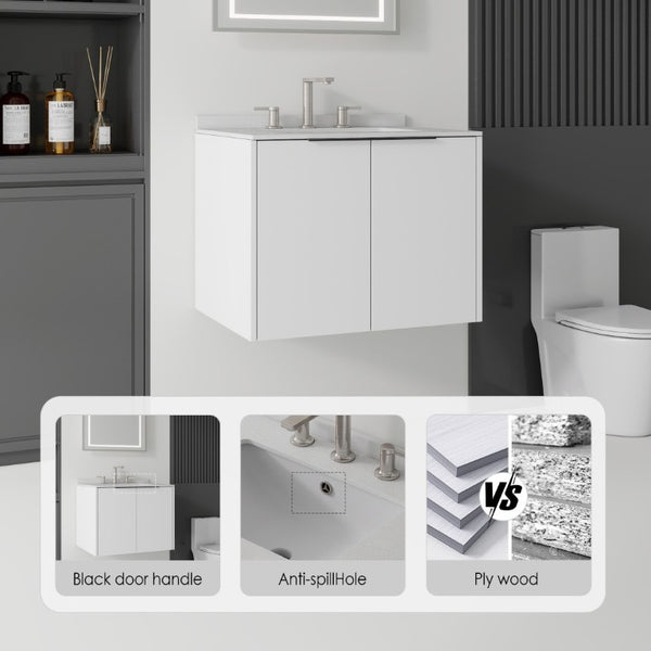 English Elm 24 Inch Floating Bathroom Vanity with Undermount Sink and Cultured Marble Top White Granite White B2775S00085