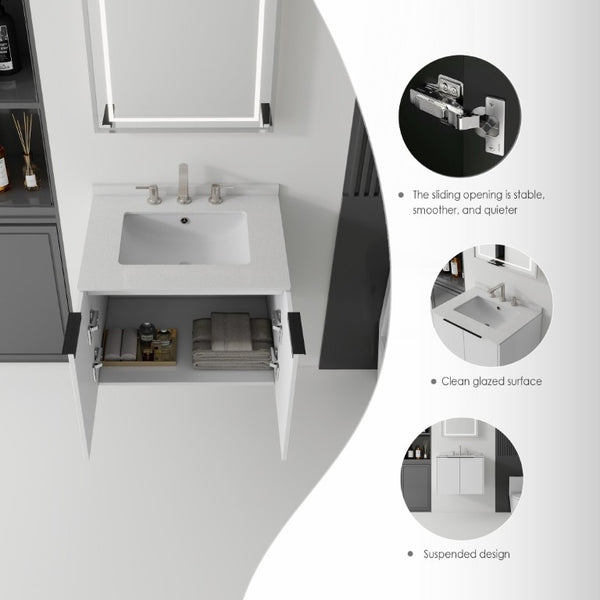 English Elm 24 Inch Floating Bathroom Vanity with Undermount Sink and Cultured Marble Top White Granite White B2775S00085