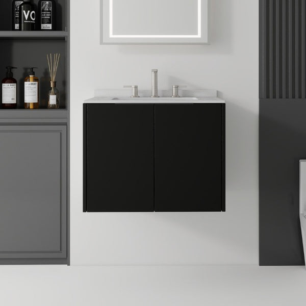 English Elm 24 Inch Floating Bathroom Vanity with Undermount Sink and Cultured Marble Top Black Granite White B2775S00086