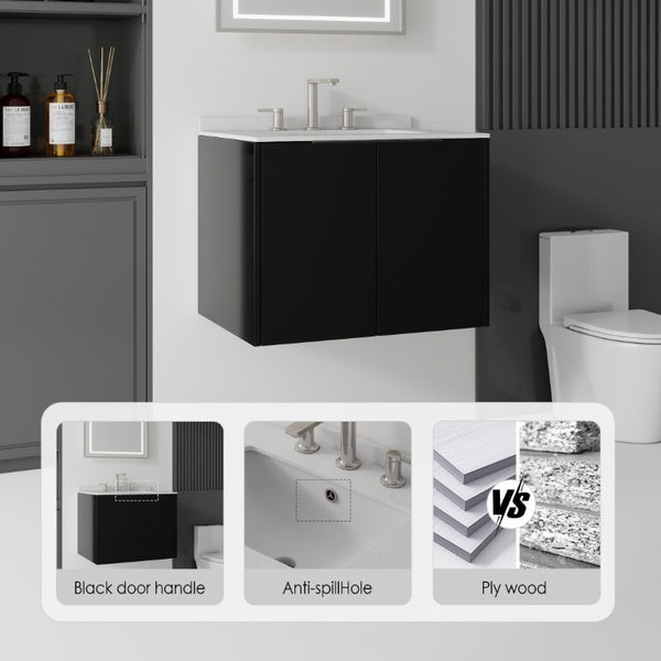 English Elm 24 Inch Floating Bathroom Vanity with Undermount Sink and Cultured Marble Top Black Granite White B2775S00086