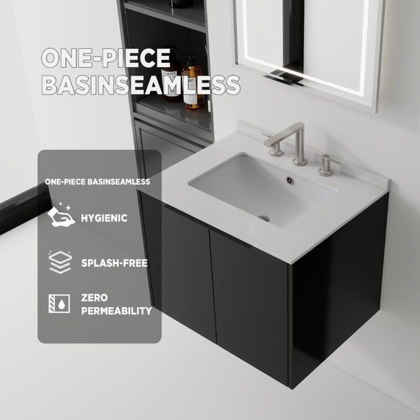 English Elm 24 Inch Floating Bathroom Vanity with Undermount Sink and Cultured Marble Top Black Granite White B2775S00086