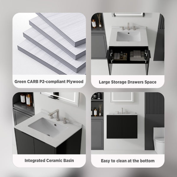 English Elm 24 Inch Floating Bathroom Vanity with Undermount Sink and Cultured Marble Top Black Granite White B2775S00086