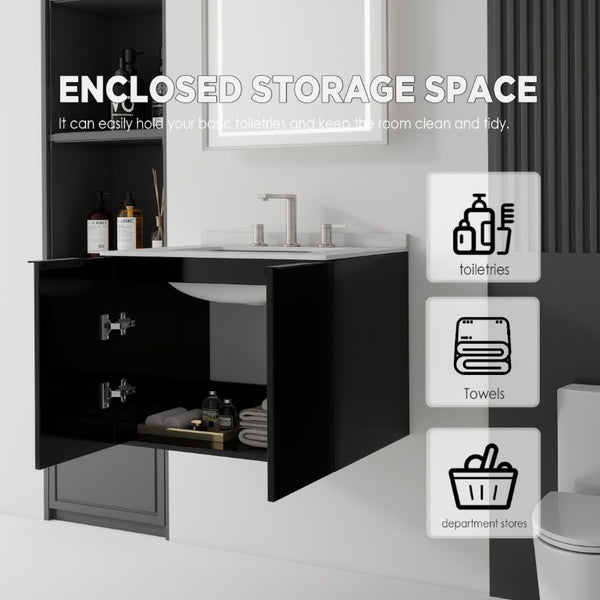 English Elm 24 Inch Floating Bathroom Vanity with Undermount Sink and Cultured Marble Top Black Granite White B2775S00086