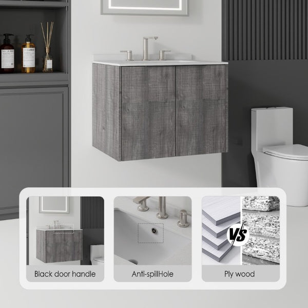 English Elm 24 Inch Floating Bathroom Vanity with Undermount Sink and Cultured Marble Top Grey - A Granite White B2775S00087
