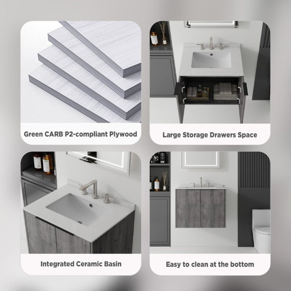 English Elm 24 Inch Floating Bathroom Vanity with Undermount Sink and Cultured Marble Top Grey - A Granite White B2775S00087