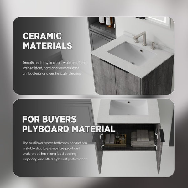 English Elm 24 Inch Floating Bathroom Vanity with Undermount Sink and Cultured Marble Top Grey - A Granite White B2775S00087