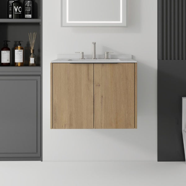 English Elm 24 Inch Floating Bathroom Vanity with Undermount Sink and Cultured Marble Top Oak - A Granite White B2775S00088