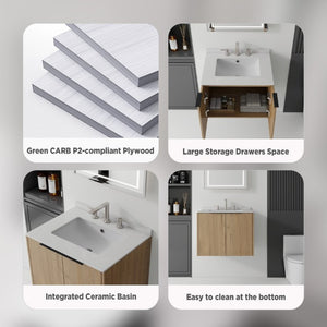 English Elm 24 Inch Floating Bathroom Vanity with Undermount Sink and Cultured Marble Top Oak - A Granite White B2775S00088