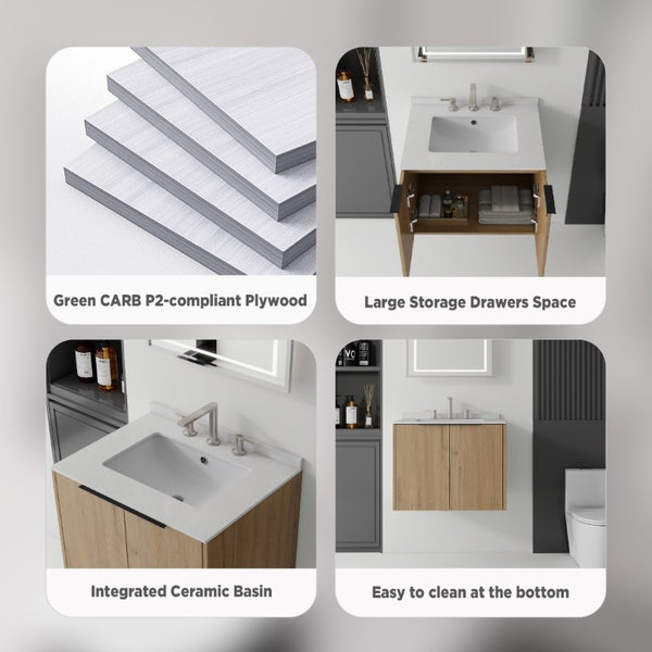 English Elm 24 Inch Floating Bathroom Vanity with Undermount Sink and Cultured Marble Top Oak - A Granite White B2775S00088