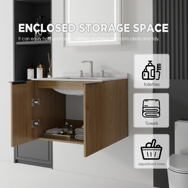 English Elm 24 Inch Floating Bathroom Vanity with Undermount Sink and Cultured Marble Top Oak - A Granite White B2775S00088