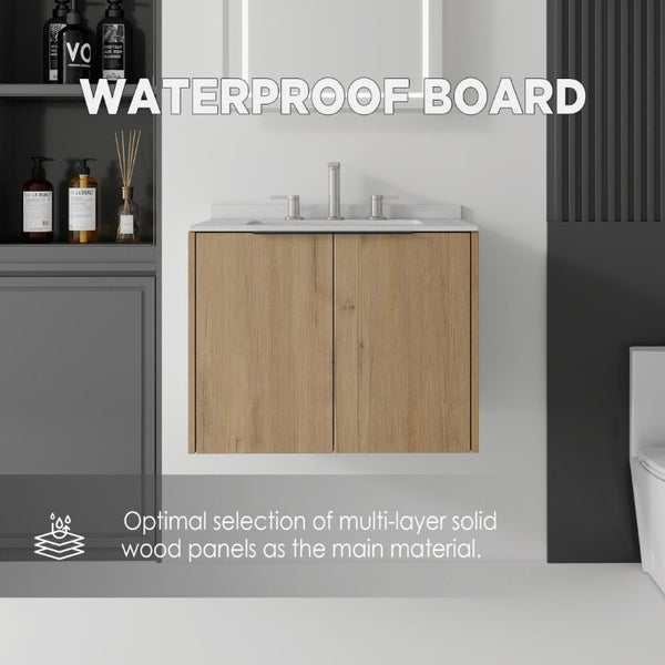 English Elm 24 Inch Floating Bathroom Vanity with Undermount Sink and Cultured Marble Top Oak - A Granite White B2775S00088