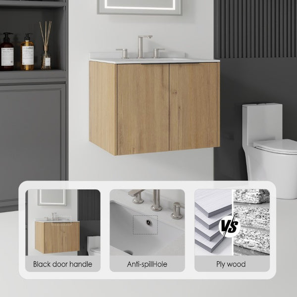 English Elm 24 Inch Floating Bathroom Vanity with Undermount Sink and Cultured Marble Top Oak - A Granite White B2775S00088