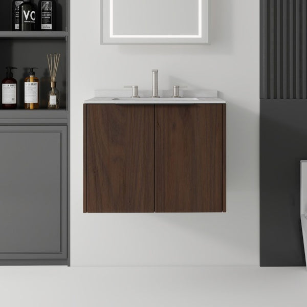 English Elm 24 Inch Floating Bathroom Vanity with Undermount Sink and Cultured Marble Top Brown Granite White B2775S00089