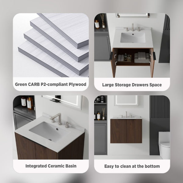 English Elm 24 Inch Floating Bathroom Vanity with Undermount Sink and Cultured Marble Top Brown Granite White B2775S00089