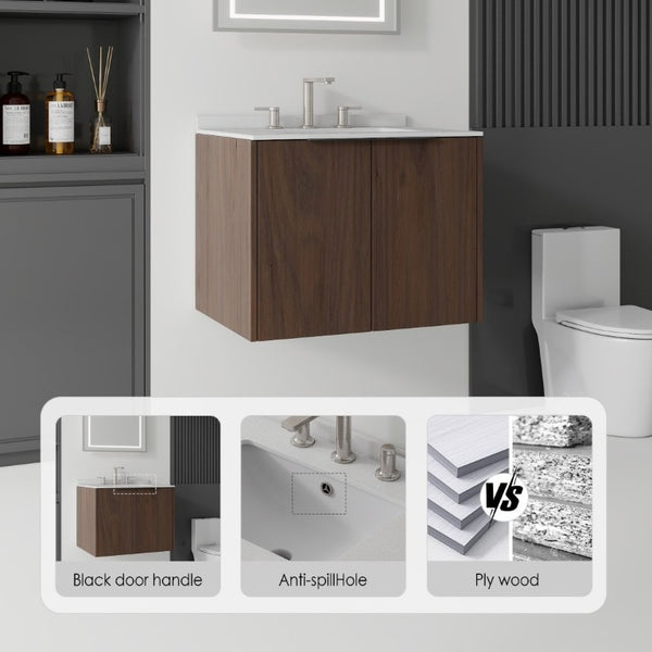 English Elm 24 Inch Floating Bathroom Vanity with Undermount Sink and Cultured Marble Top Brown Granite White B2775S00089