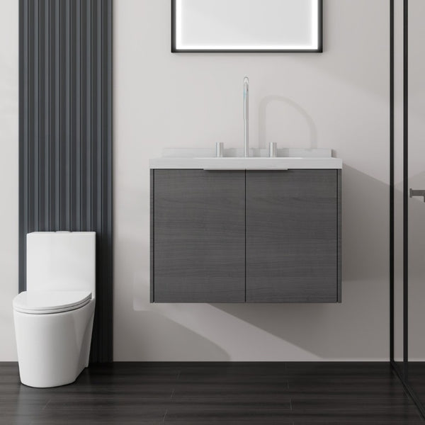 English Elm 24 Inch Floating Bathroom Vanity Grey Plywood Cabinet Cultured Marble Undermount Sink B2775S00090