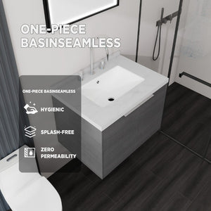 English Elm 24 Inch Floating Bathroom Vanity Grey Plywood Cabinet Cultured Marble Undermount Sink B2775S00090