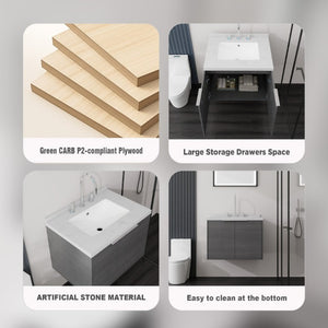 English Elm 24 Inch Floating Bathroom Vanity Grey Plywood Cabinet Cultured Marble Undermount Sink B2775S00090