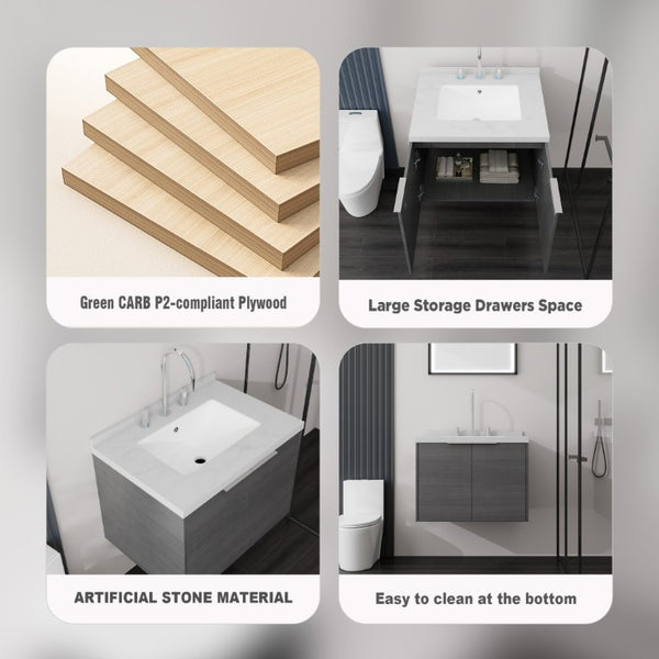 English Elm 24 Inch Floating Bathroom Vanity Grey Plywood Cabinet Cultured Marble Undermount Sink B2775S00090