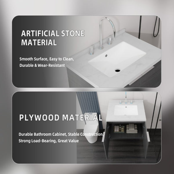 English Elm 24 Inch Floating Bathroom Vanity Grey Plywood Cabinet Cultured Marble Undermount Sink B2775S00090