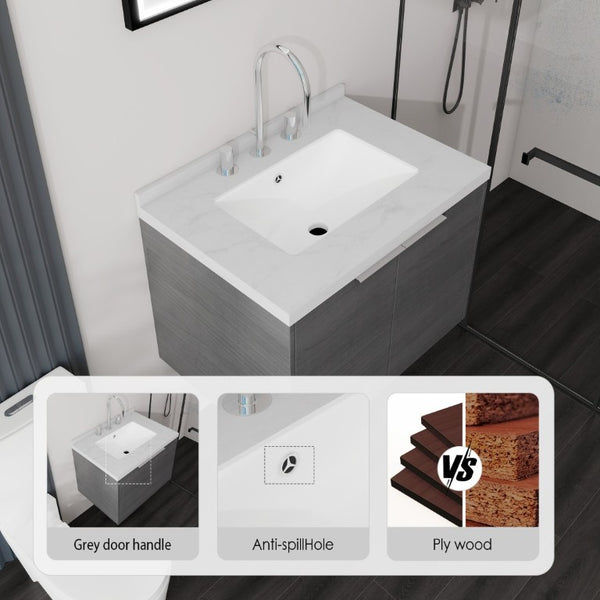 English Elm 24 Inch Floating Bathroom Vanity Grey Plywood Cabinet Cultured Marble Undermount Sink B2775S00090