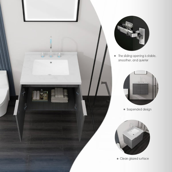 English Elm 24 Inch Floating Bathroom Vanity Grey Plywood Cabinet Cultured Marble Undermount Sink B2775S00090