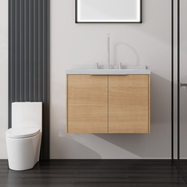 English Elm 24 Inch Floating Bathroom Vanity Plywood Cabinet Cultured Marble Top Soft Close B2775S00091
