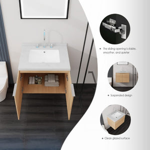 English Elm 24 Inch Floating Bathroom Vanity Plywood Cabinet Cultured Marble Top Soft Close B2775S00091
