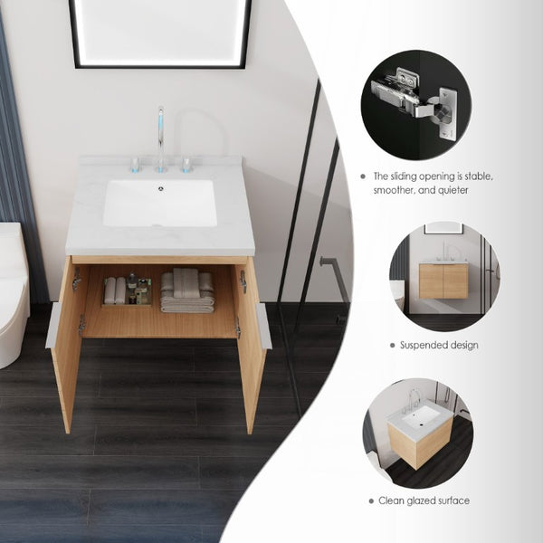 English Elm 24 Inch Floating Bathroom Vanity Plywood Cabinet Cultured Marble Top Soft Close B2775S00091