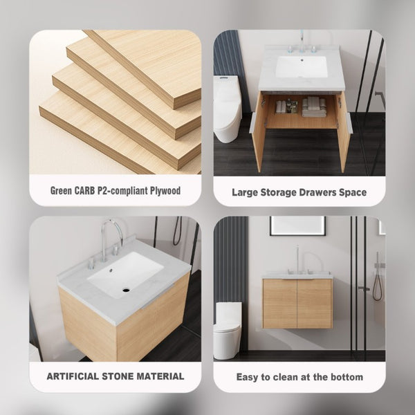 English Elm 24 Inch Floating Bathroom Vanity Plywood Cabinet Cultured Marble Top Soft Close B2775S00091