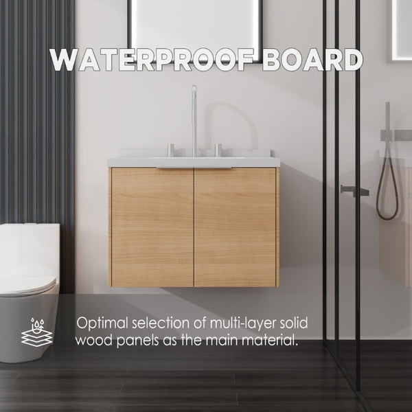 English Elm 24 Inch Floating Bathroom Vanity Plywood Cabinet Cultured Marble Top Soft Close B2775S00091