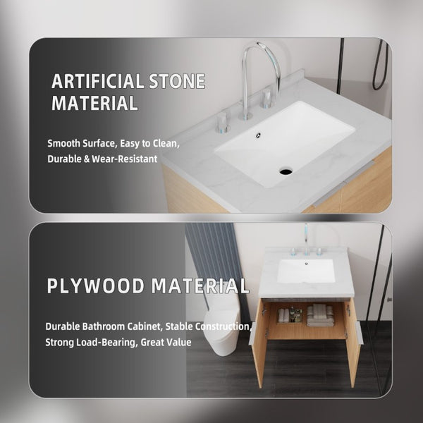 English Elm 24 Inch Floating Bathroom Vanity Plywood Cabinet Cultured Marble Top Soft Close B2775S00091
