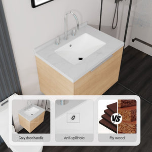 English Elm 24 Inch Floating Bathroom Vanity Plywood Cabinet Cultured Marble Top Soft Close B2775S00091
