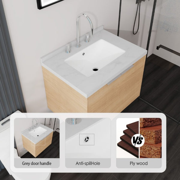 English Elm 24 Inch Floating Bathroom Vanity Plywood Cabinet Cultured Marble Top Soft Close B2775S00091