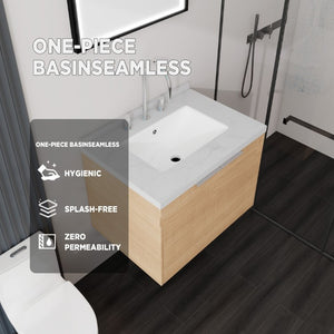 English Elm 24 Inch Floating Bathroom Vanity Plywood Cabinet Cultured Marble Top Soft Close B2775S00091