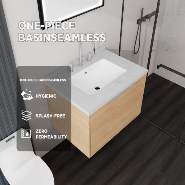English Elm 24 Inch Floating Bathroom Vanity Plywood Cabinet Cultured Marble Top Soft Close B2775S00091
