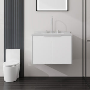 English Elm 24 Inch Floating Bathroom Vanity Undermount Sink Carrara Marble Soft Close Plywood B2775S00092