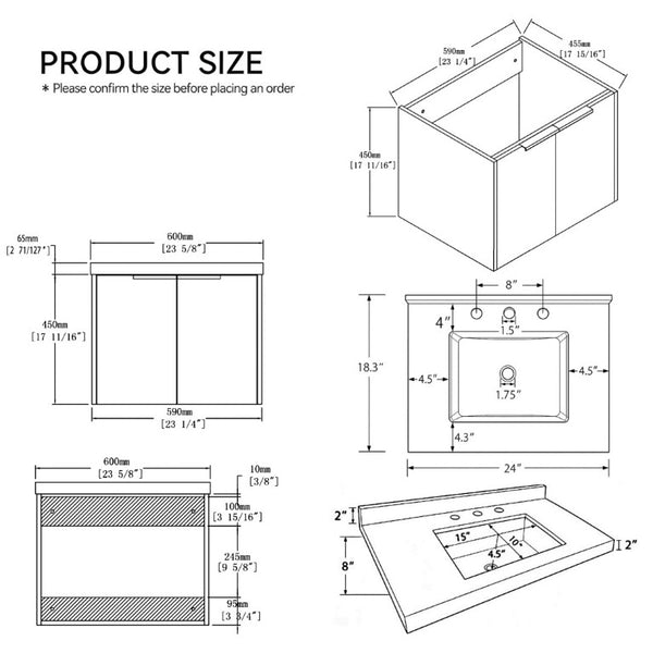 English Elm 24 Inch Floating Bathroom Vanity Undermount Sink Carrara Marble Soft Close Plywood B2775S00092