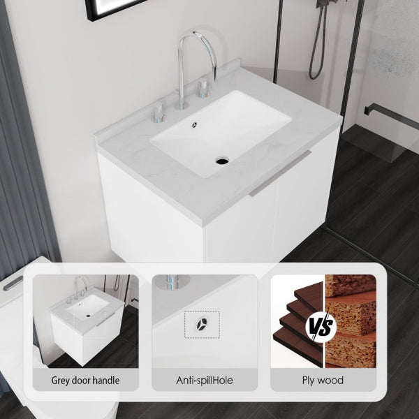 English Elm 24 Inch Floating Bathroom Vanity Undermount Sink Carrara Marble Soft Close Plywood B2775S00092