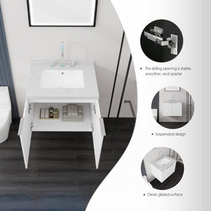 English Elm 24 Inch Floating Bathroom Vanity Undermount Sink Carrara Marble Soft Close Plywood B2775S00092