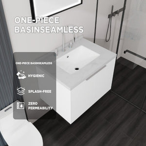English Elm 24 Inch Floating Bathroom Vanity Undermount Sink Carrara Marble Soft Close Plywood B2775S00092