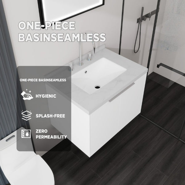 English Elm 24 Inch Floating Bathroom Vanity Undermount Sink Carrara Marble Soft Close Plywood B2775S00092