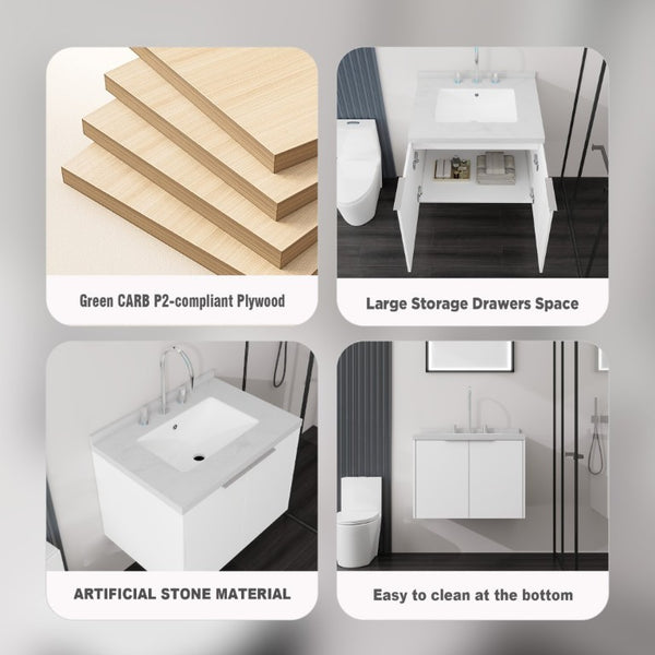 English Elm 24 Inch Floating Bathroom Vanity Undermount Sink Carrara Marble Soft Close Plywood B2775S00092